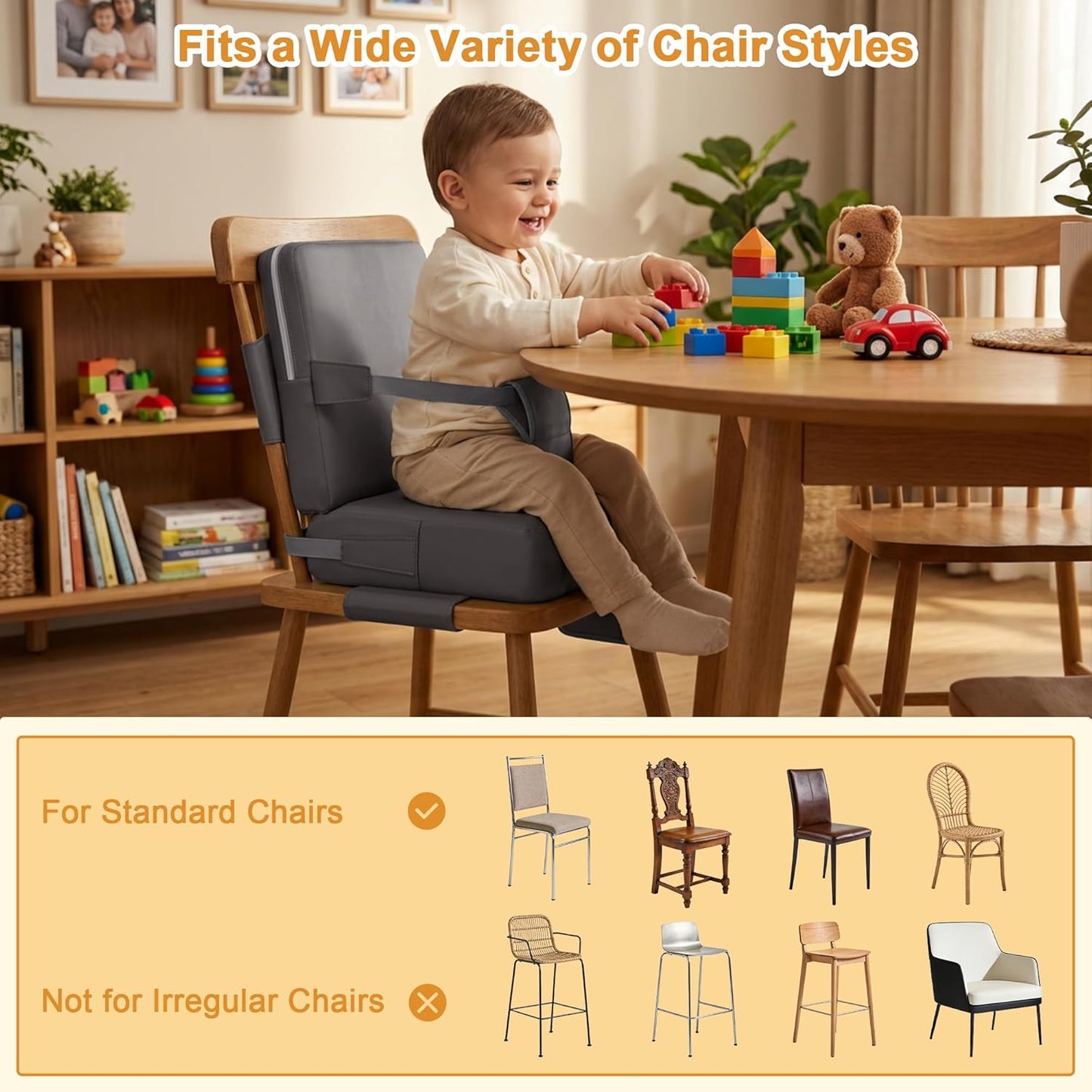 Booster Seat for Kitchen Chair, Non-Slip Toddler Booster Seat for Dining Table with Backrest, Adjustable Straps, Portable Travel Toddler Booster Seat with Storage Bag, Grey