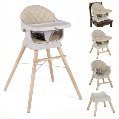 INFANS Baby High Chair, 6 in 1 Wooden Convertible Highchair for Babies and Toddlers, Infant Dining Booster Seat Kids Stool with Adjustable Removable Tray (Beige)
