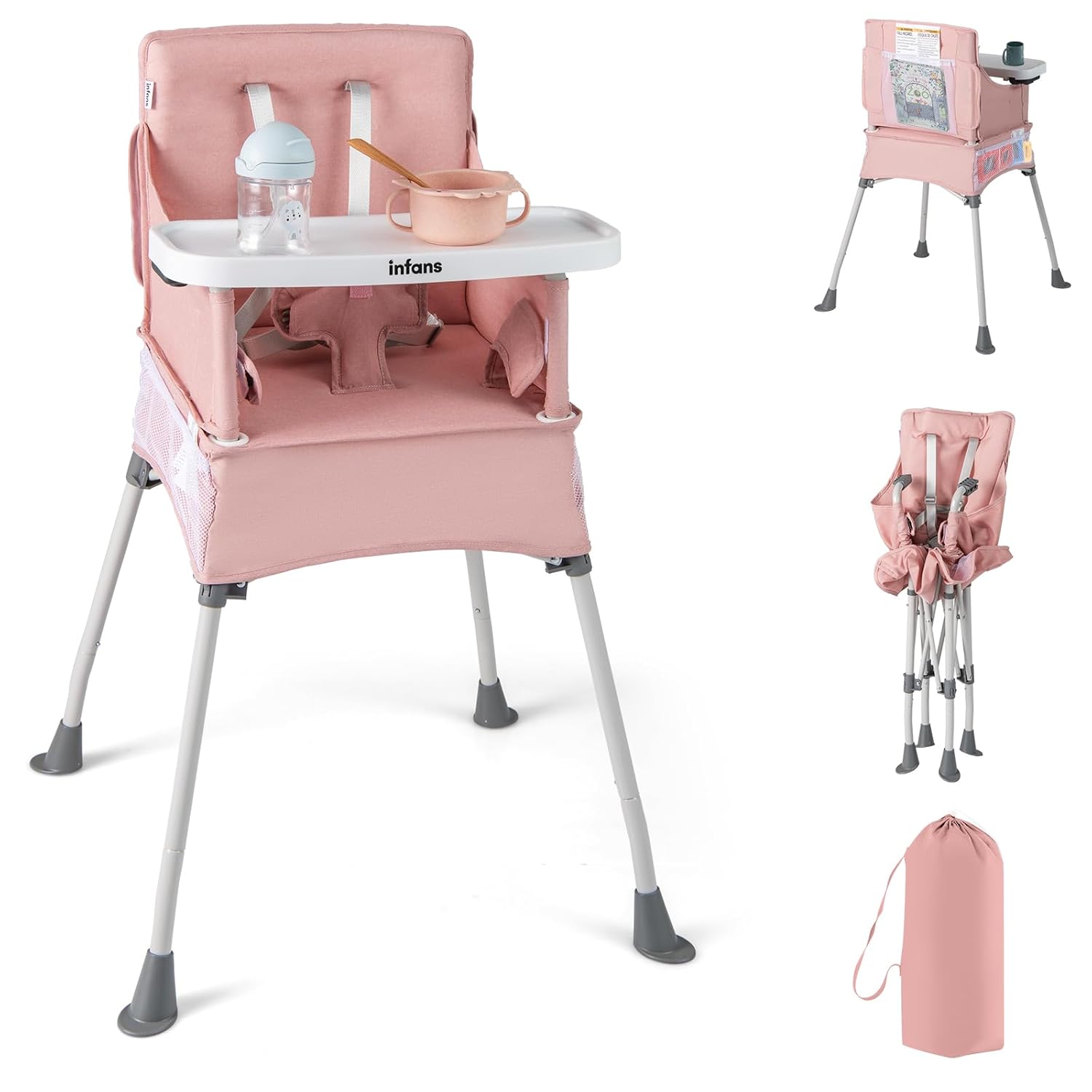 INFANS Baby High Chair, Foldable Portable Highchair for Babies and Toddlers with Travel Bag Adjustable Tray, 5 Point Harness, Compact Space Saver Infant Feeding Chair (Pink)