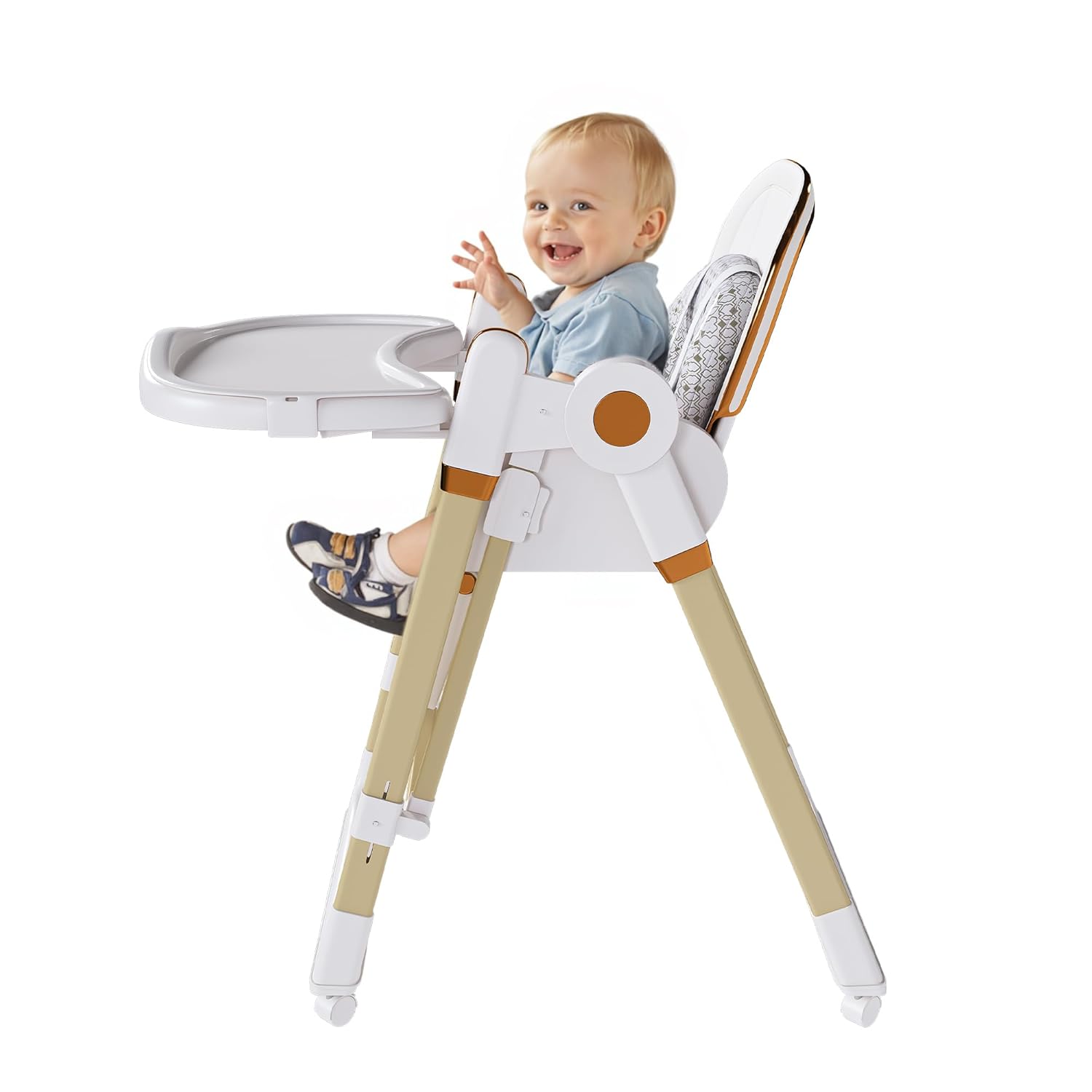 Convertible Baby High Chair to Rocker with 5-Point Harness, Foldable Infant Feeding Chair with Silent Locking Wheels & Removable 2-Tier Easy-Clean Tray (White)