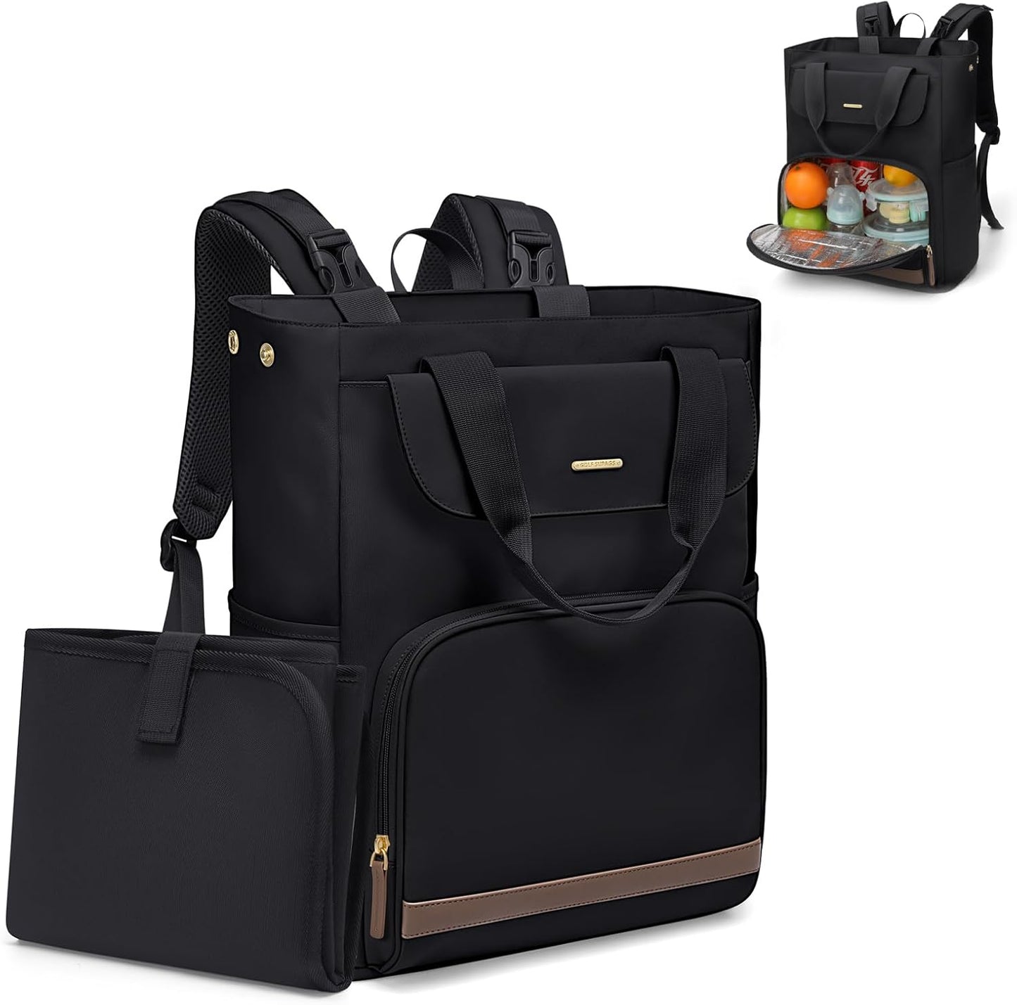 GOLF SUPAGS Diaper Bag Backpack with Portable Changing Pad 25L Baby Bag Insulated lunch box Backpack Fits 17.3" Laptop (Black)