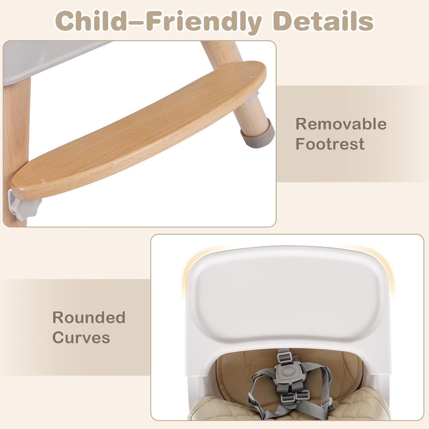 INFANS Baby High Chair, 6 in 1 Wooden Convertible Highchair for Babies and Toddlers, Infant Dining Booster Seat Kids Stool with Adjustable Removable Tray (Beige)