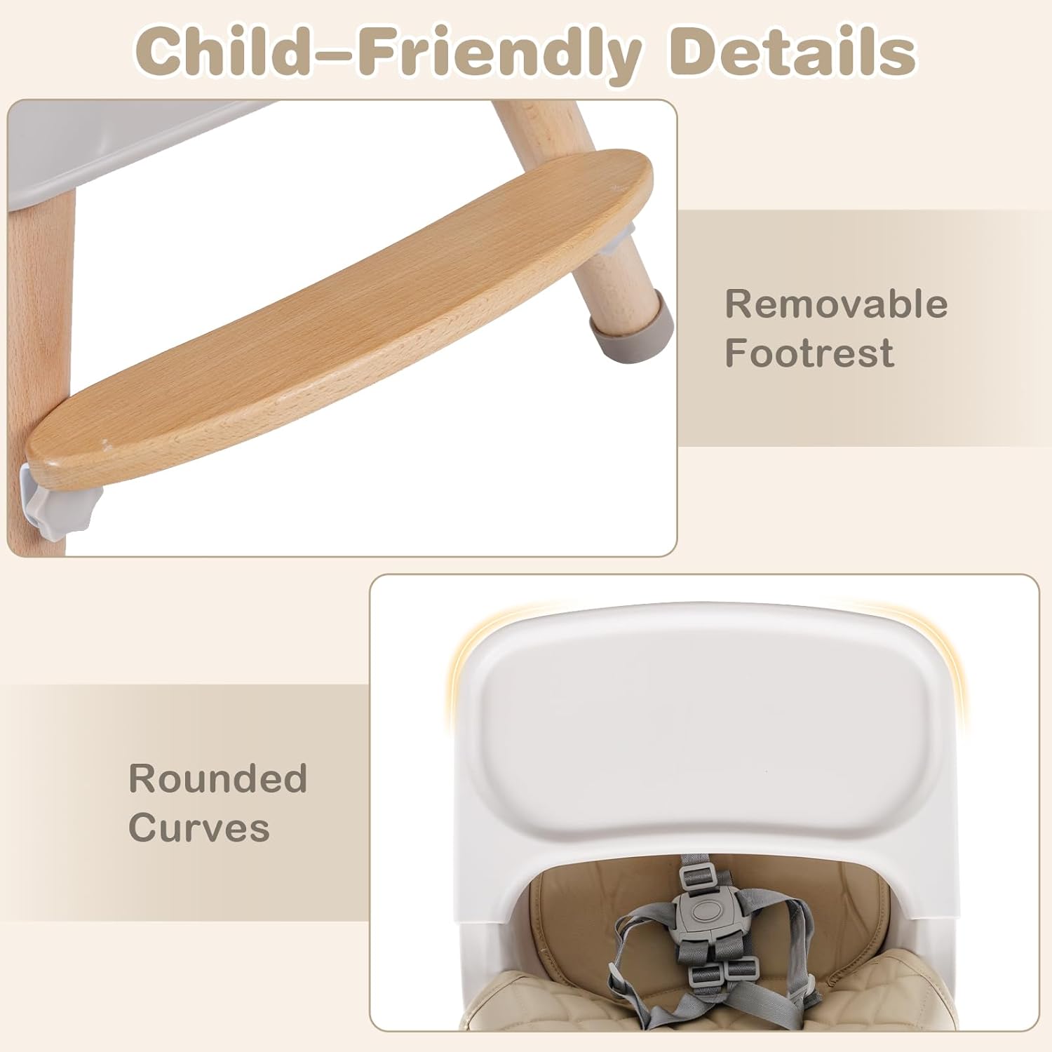 INFANS Baby High Chair, 6 in 1 Wooden Convertible Highchair for Babies and Toddlers, Infant Dining Booster Seat Kids Stool with Adjustable Removable Tray (Beige)
