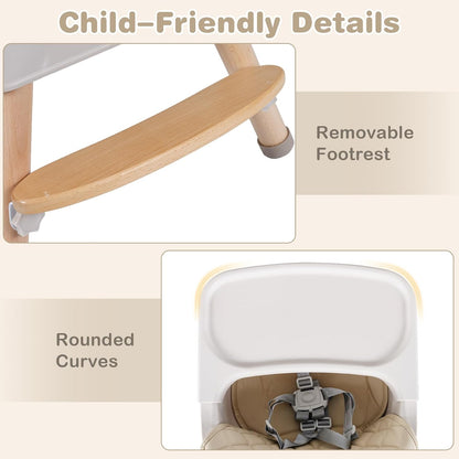 INFANS Baby High Chair, 6 in 1 Wooden Convertible Highchair for Babies and Toddlers, Infant Dining Booster Seat Kids Stool with Adjustable Removable Tray (Beige)