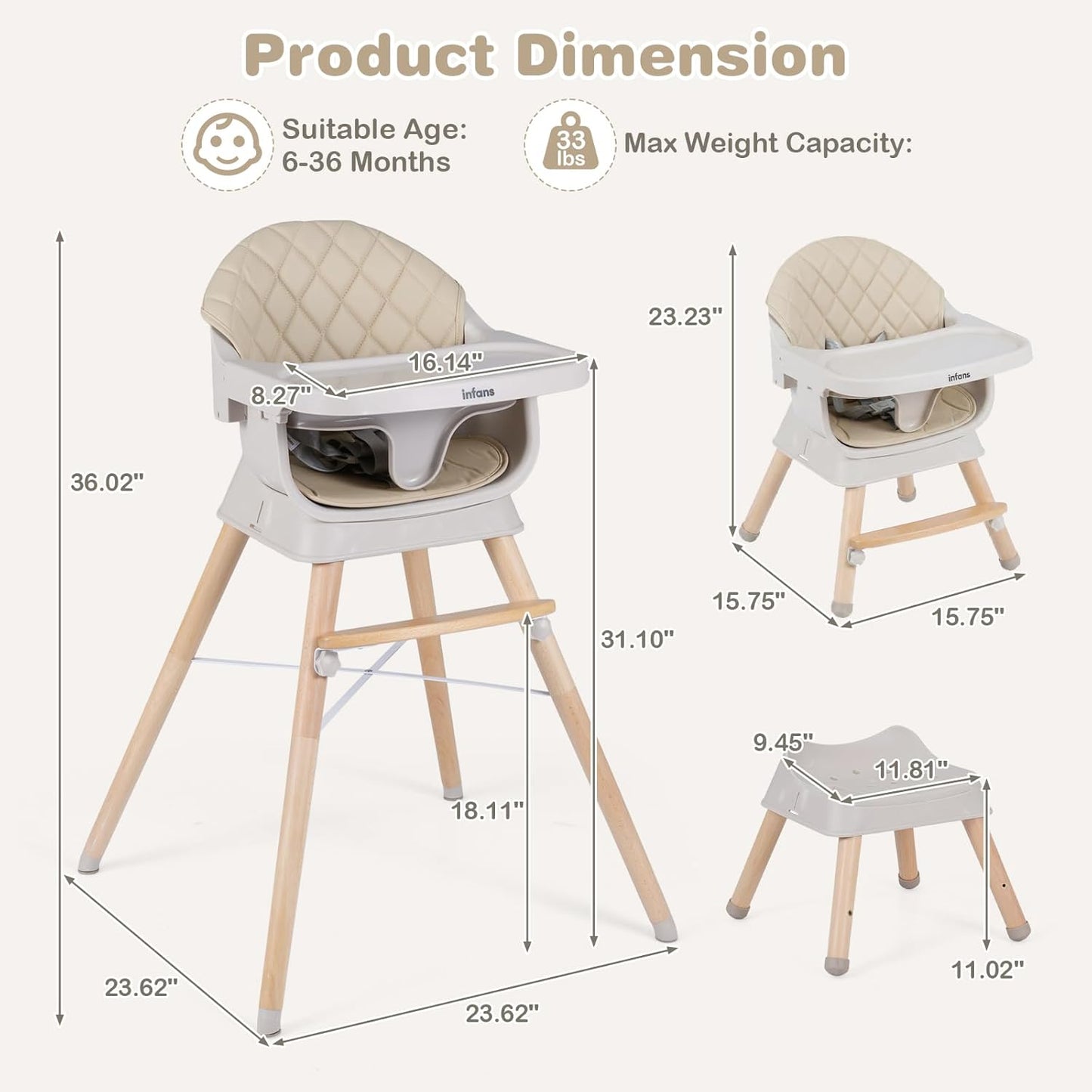 INFANS Baby High Chair, 6 in 1 Wooden Convertible Highchair for Babies and Toddlers, Infant Dining Booster Seat Kids Stool with Adjustable Removable Tray (Beige)