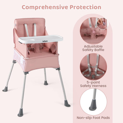 INFANS Baby High Chair, Foldable Portable Highchair for Babies and Toddlers with Travel Bag Adjustable Tray, 5 Point Harness, Compact Space Saver Infant Feeding Chair (Pink)