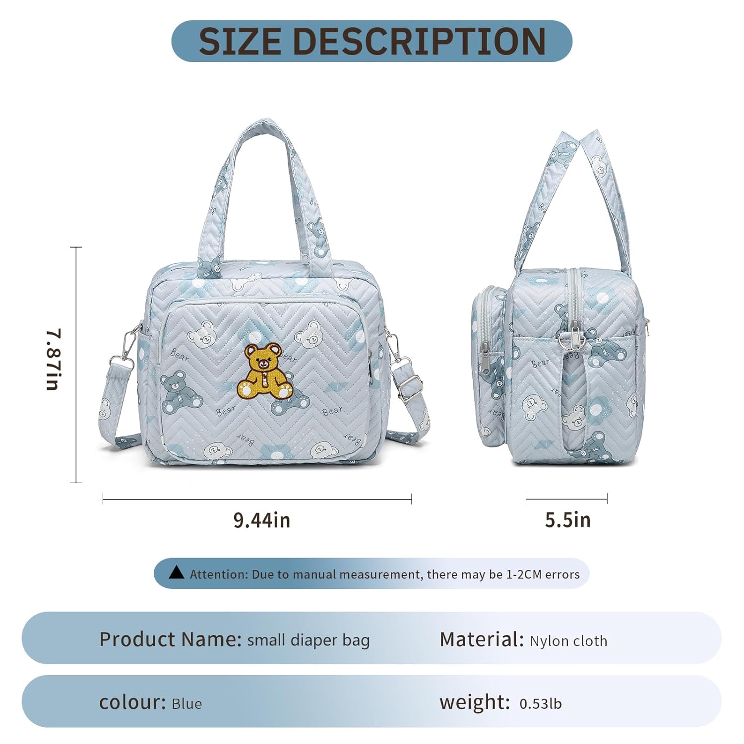 Small Diaper Bag Tote, Crossbody Diaper Bag Mini Purse with 8 Pockets, Travel Baby Bag for boys & Girls, 2 Insulated Pockets, Blue - Bear