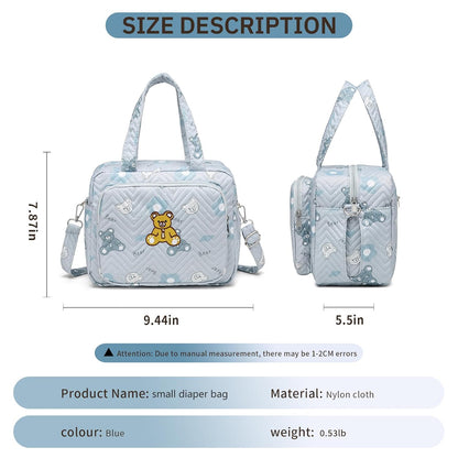 Small Diaper Bag Tote, Crossbody Diaper Bag Mini Purse with 8 Pockets, Travel Baby Bag for boys & Girls, 2 Insulated Pockets, Blue - Bear
