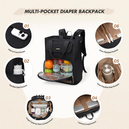 GOLF SUPAGS Diaper Bag Backpack with Portable Changing Pad 25L Baby Bag Insulated lunch box Backpack Fits 17.3" Laptop (Black)