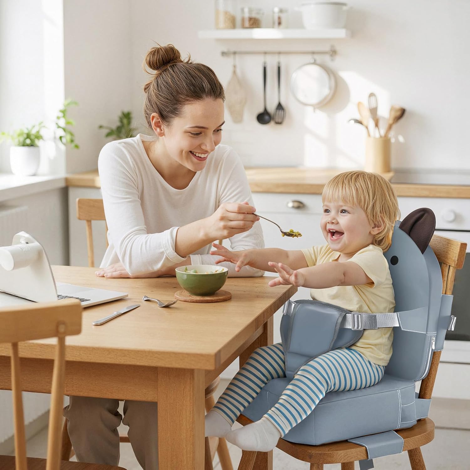 Booster Seat for Kitchen Chair, Toddler Kids Booster Seats for Dining Table with Backrest and Adjustable Strap, Portable PU Waterproof Travel Baby Boy Girl Booster Increasing Cushion (Grey, OneSize)