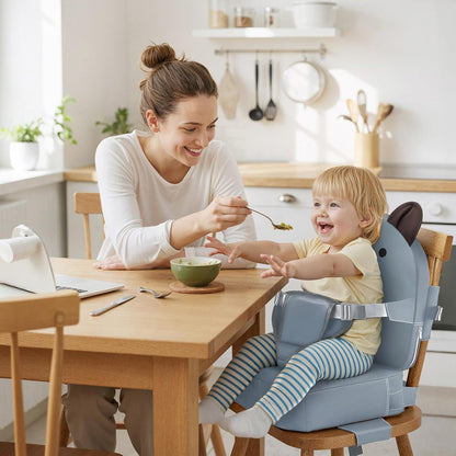 Booster Seat for Kitchen Chair, Toddler Kids Booster Seats for Dining Table with Backrest and Adjustable Strap, Portable PU Waterproof Travel Baby Boy Girl Booster Increasing Cushion (Grey, OneSize)