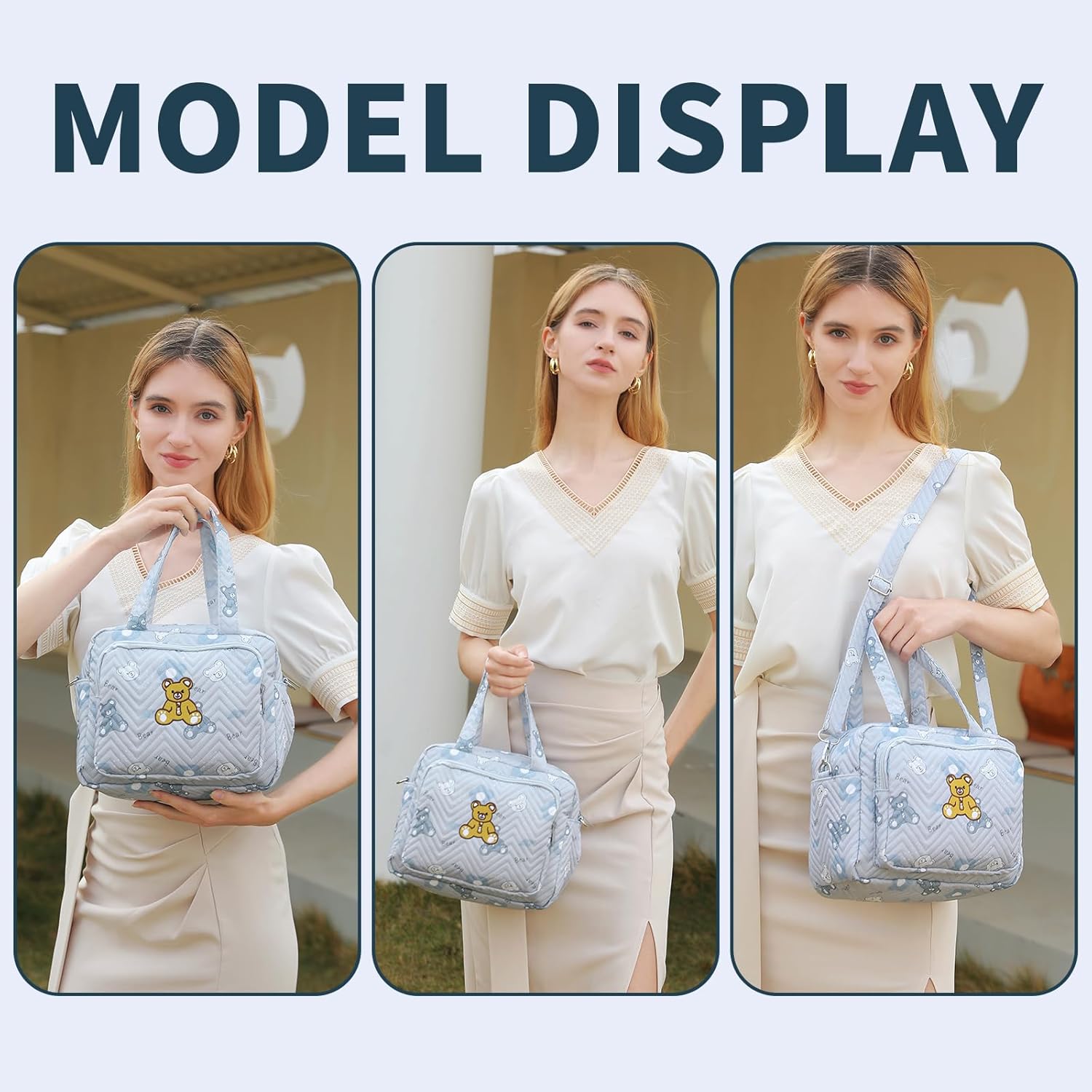 Small Diaper Bag Tote, Crossbody Diaper Bag Mini Purse with 8 Pockets, Travel Baby Bag for boys & Girls, 2 Insulated Pockets, Blue - Bear