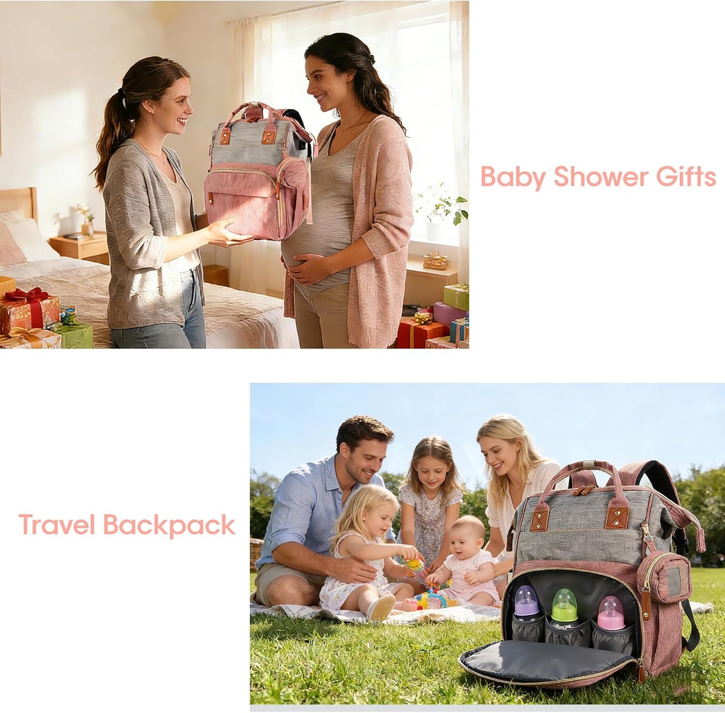 MosaiRudo Diaper Bag Backpack Baby Bag,Waterproof, Travel Diaper Bags with Pacifier Case for Baby Girl Boy Backpack for Women (Pink-Gray)