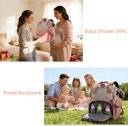 MosaiRudo Diaper Bag Backpack Baby Bag,Waterproof, Travel Diaper Bags with Pacifier Case for Baby Girl Boy Backpack for Women (Pink-Gray)