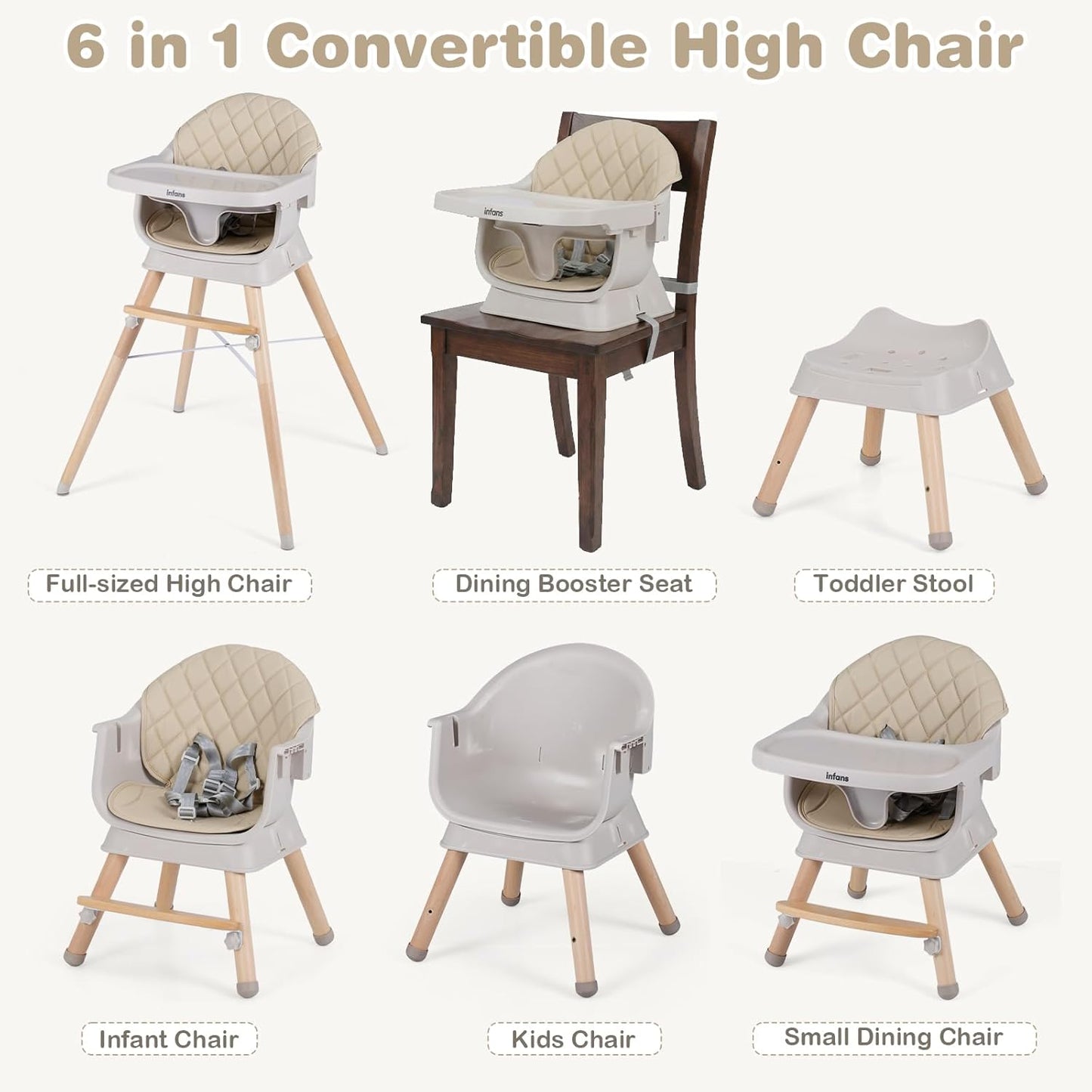 INFANS Baby High Chair, 6 in 1 Wooden Convertible Highchair for Babies and Toddlers, Infant Dining Booster Seat Kids Stool with Adjustable Removable Tray (Beige)