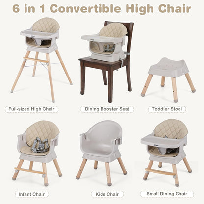INFANS Baby High Chair, 6 in 1 Wooden Convertible Highchair for Babies and Toddlers, Infant Dining Booster Seat Kids Stool with Adjustable Removable Tray (Beige)