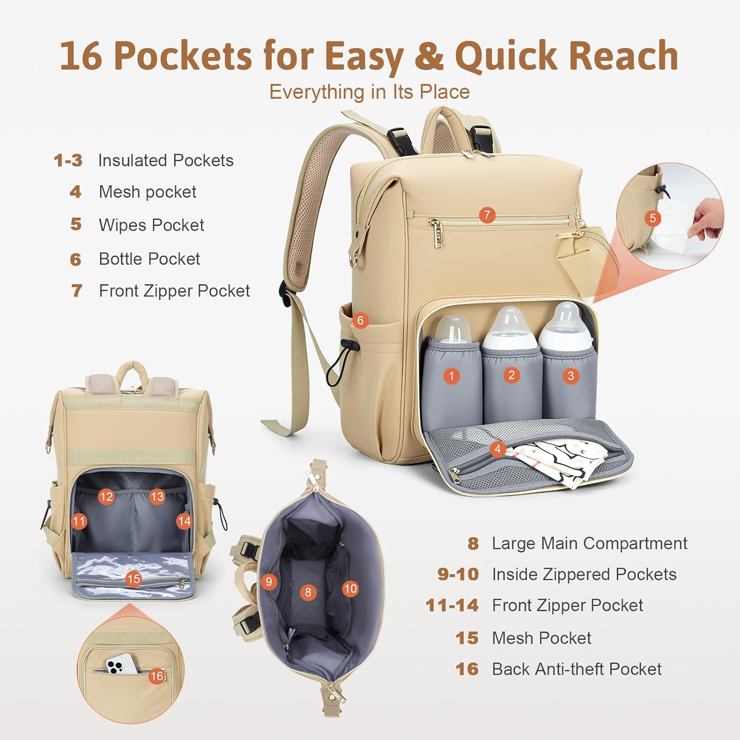 Lekesky Large Diaper Backpack with 16 Pockets, 1.52Lb Lightweight Durable Baby Bag, with Foldable Changing Pad & Pacifier Case, Anti-theft Pocket, Wipes Pocket, Easy to Clean, Khaki