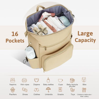 Lekesky Large Diaper Backpack with 16 Pockets, 1.52Lb Lightweight Durable Baby Bag, with Foldable Changing Pad & Pacifier Case, Anti-theft Pocket, Wipes Pocket, Easy to Clean, Khaki
