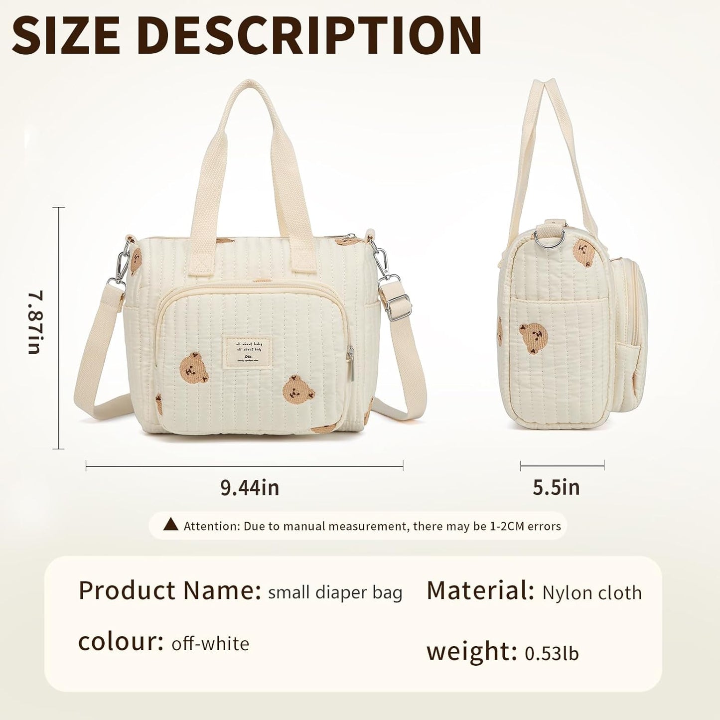 Small Diaper Bag Tote, Crossbody Diaper Bag Mini Purse with 5 Pockets, Travel Baby Bag for boys & Girls, Off White - Bear