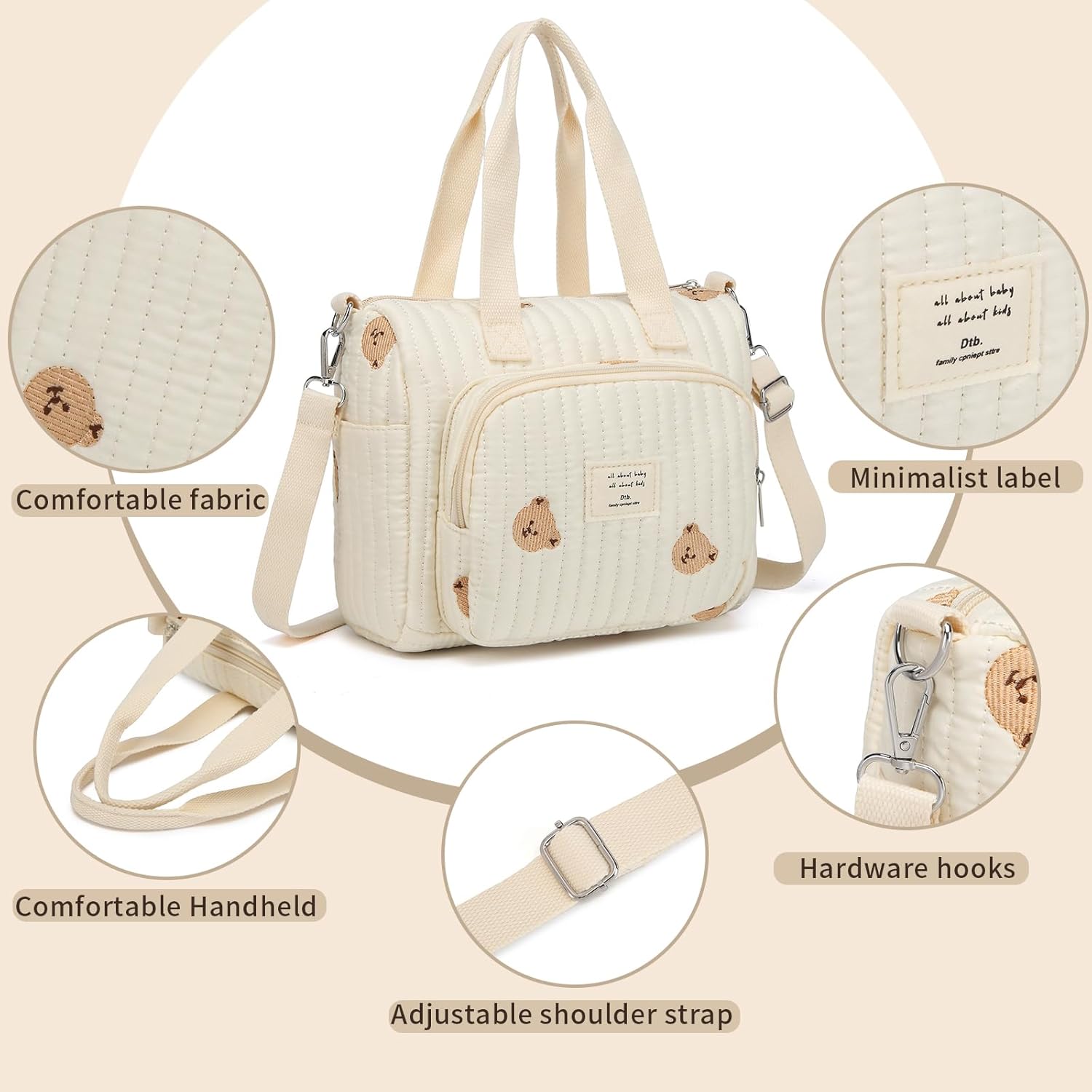 Small Diaper Bag Tote, Crossbody Diaper Bag Mini Purse with 5 Pockets, Travel Baby Bag for boys & Girls, Off White - Bear