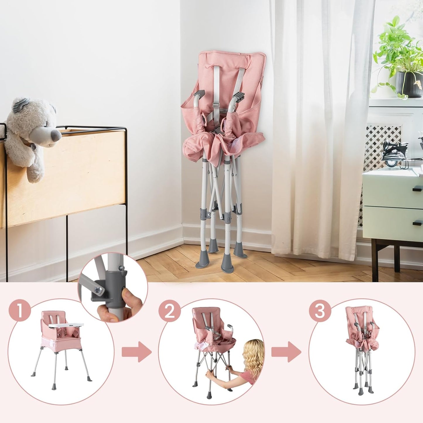INFANS Baby High Chair, Foldable Portable Highchair for Babies and Toddlers with Travel Bag Adjustable Tray, 5 Point Harness, Compact Space Saver Infant Feeding Chair (Pink)