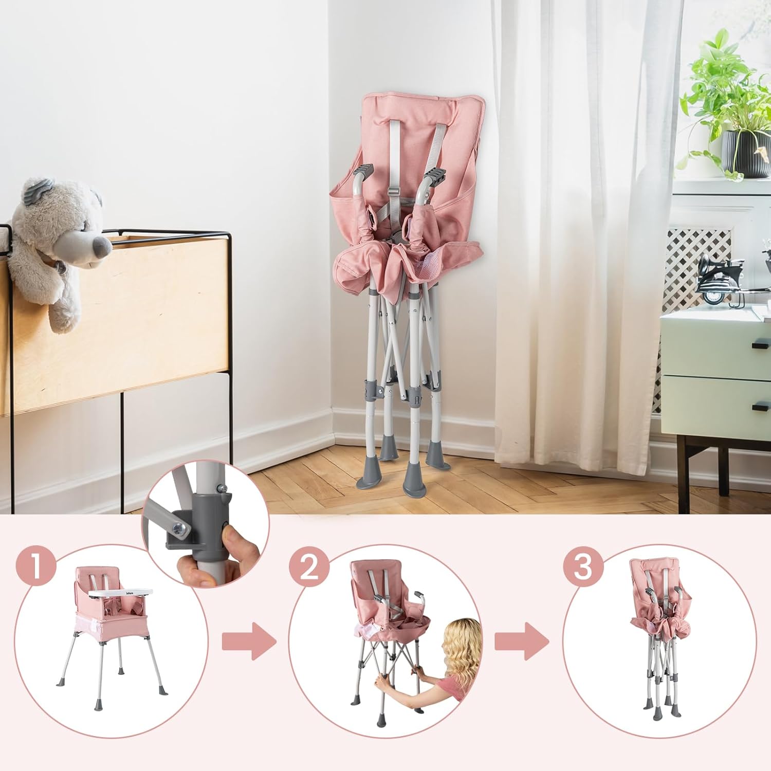 INFANS Baby High Chair, Foldable Portable Highchair for Babies and Toddlers with Travel Bag Adjustable Tray, 5 Point Harness, Compact Space Saver Infant Feeding Chair (Pink)