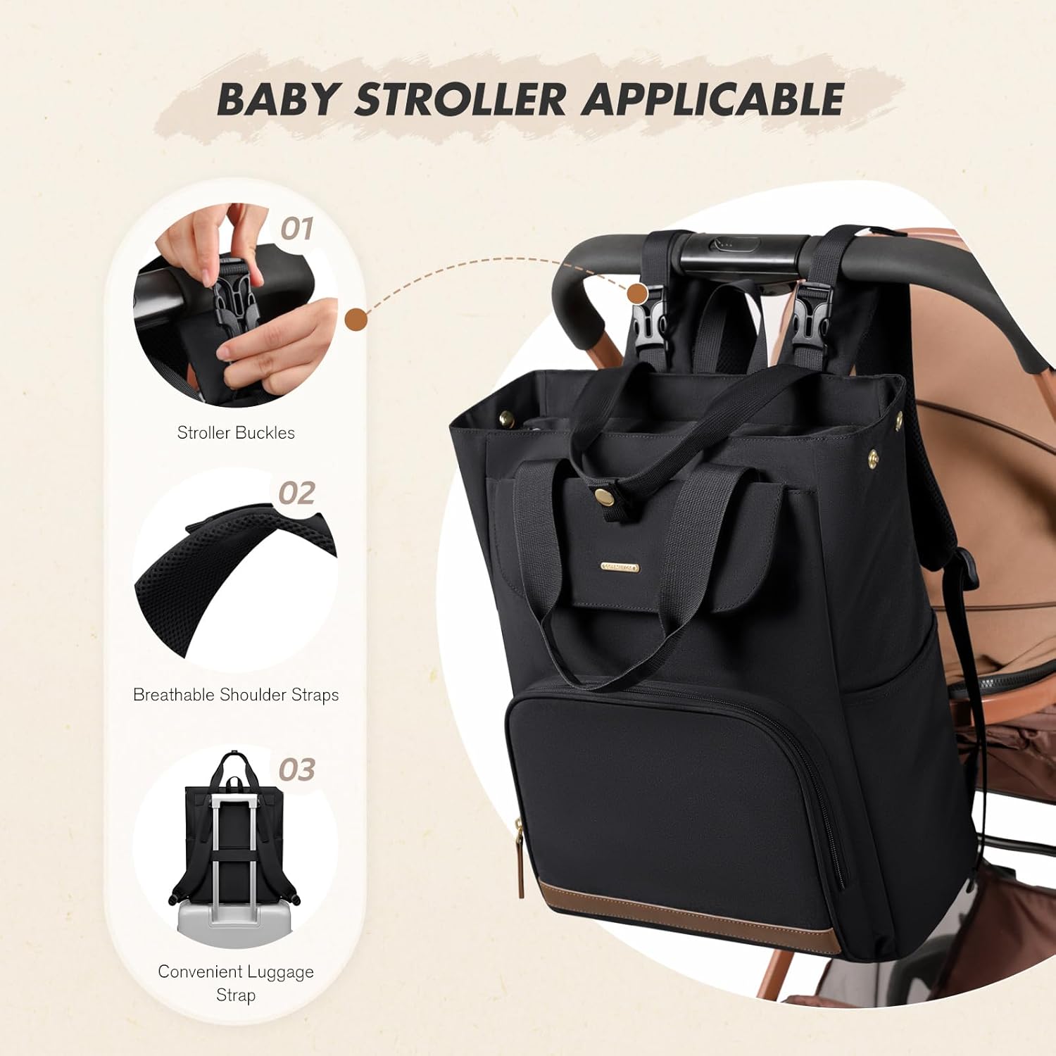 GOLF SUPAGS Diaper Bag Backpack with Portable Changing Pad 25L Baby Bag Insulated lunch box Backpack Fits 17.3" Laptop (Black)