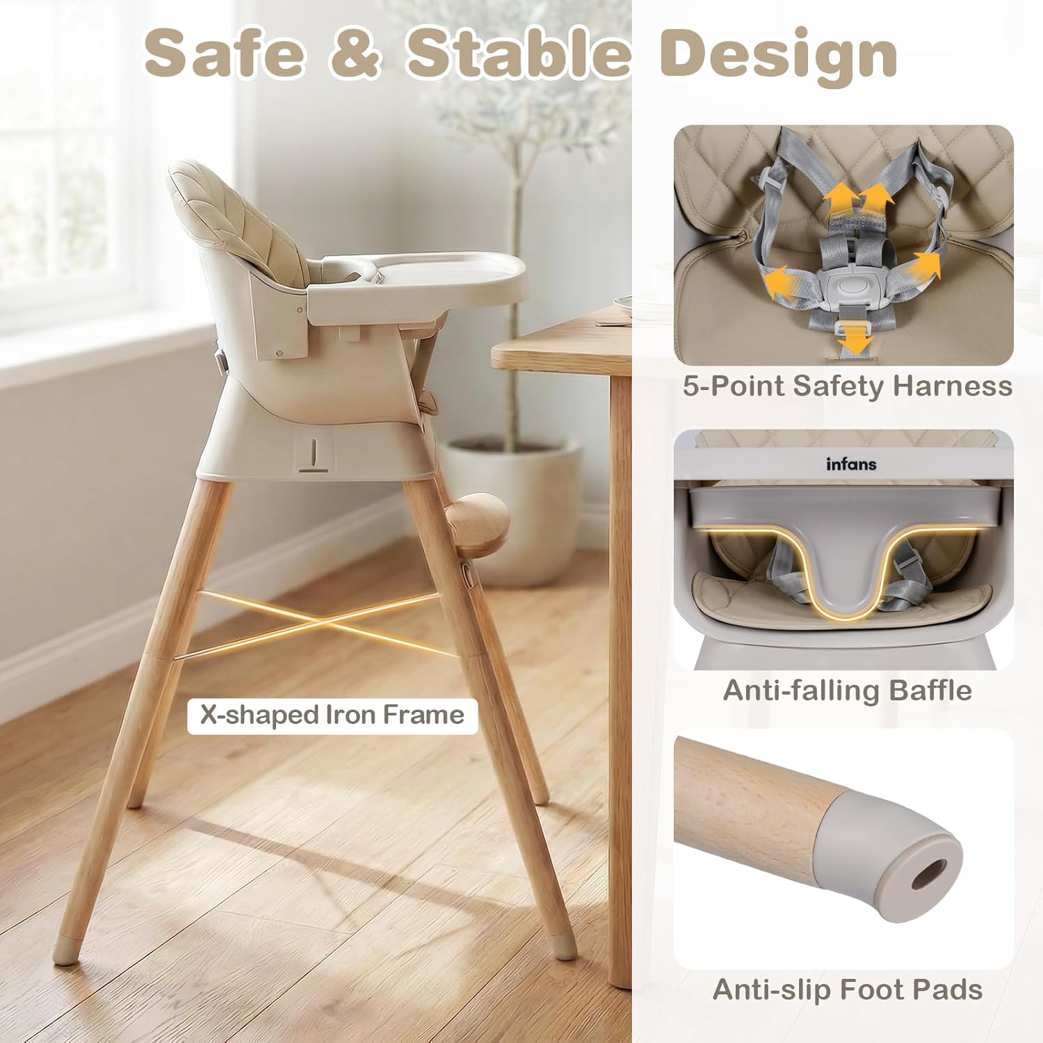 INFANS Baby High Chair, 6 in 1 Wooden Convertible Highchair for Babies and Toddlers, Infant Dining Booster Seat Kids Stool with Adjustable Removable Tray (Beige)