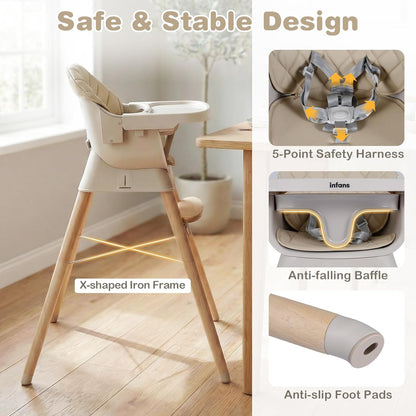 INFANS Baby High Chair, 6 in 1 Wooden Convertible Highchair for Babies and Toddlers, Infant Dining Booster Seat Kids Stool with Adjustable Removable Tray (Beige)
