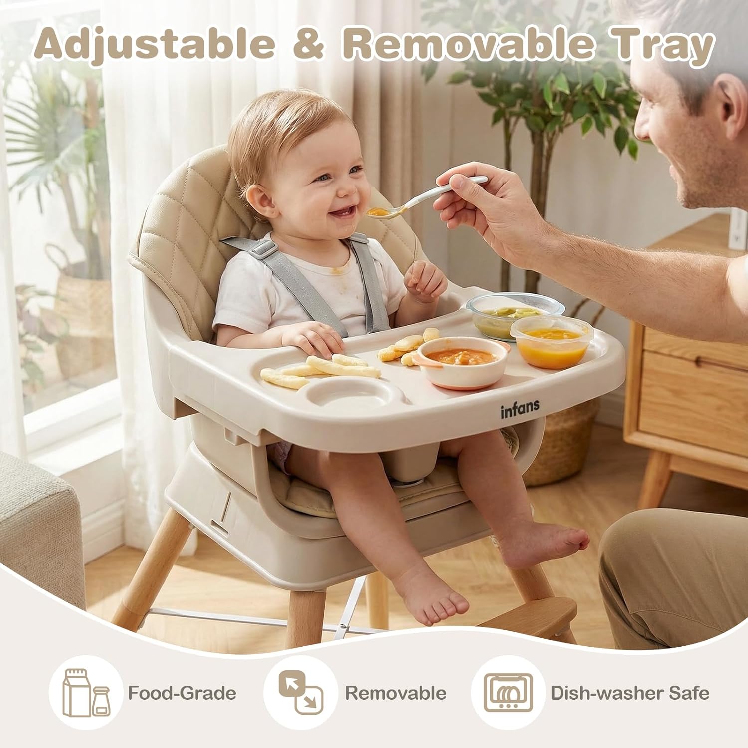 INFANS Baby High Chair, 6 in 1 Wooden Convertible Highchair for Babies and Toddlers, Infant Dining Booster Seat Kids Stool with Adjustable Removable Tray (Beige)