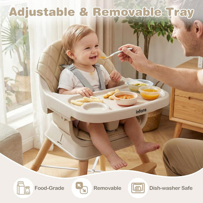INFANS Baby High Chair, 6 in 1 Wooden Convertible Highchair for Babies and Toddlers, Infant Dining Booster Seat Kids Stool with Adjustable Removable Tray (Beige)