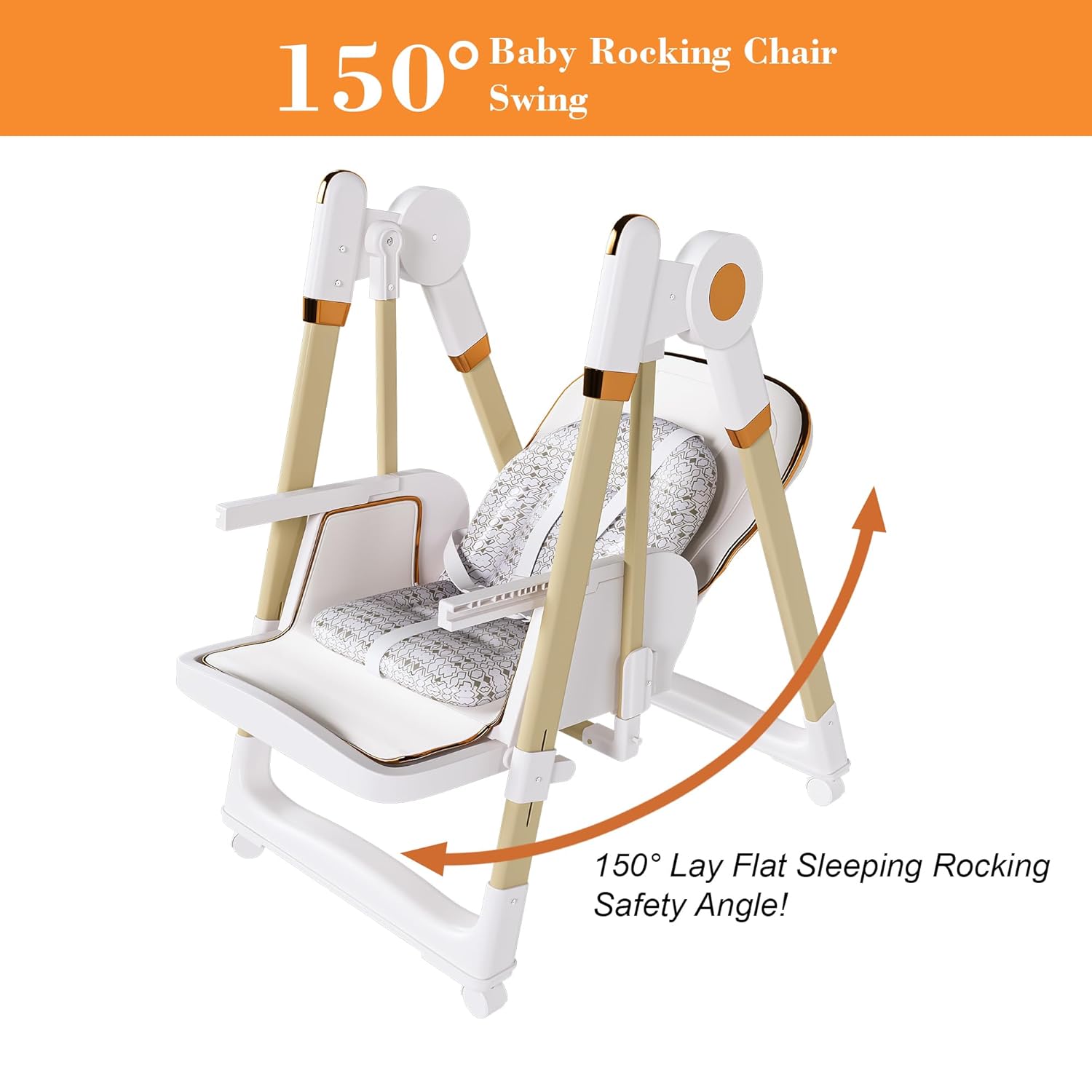 Convertible Baby High Chair to Rocker with 5-Point Harness, Foldable Infant Feeding Chair with Silent Locking Wheels & Removable 2-Tier Easy-Clean Tray (White)