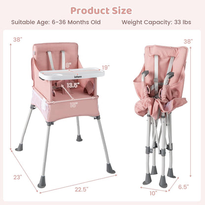 INFANS Baby High Chair, Foldable Portable Highchair for Babies and Toddlers with Travel Bag Adjustable Tray, 5 Point Harness, Compact Space Saver Infant Feeding Chair (Pink)