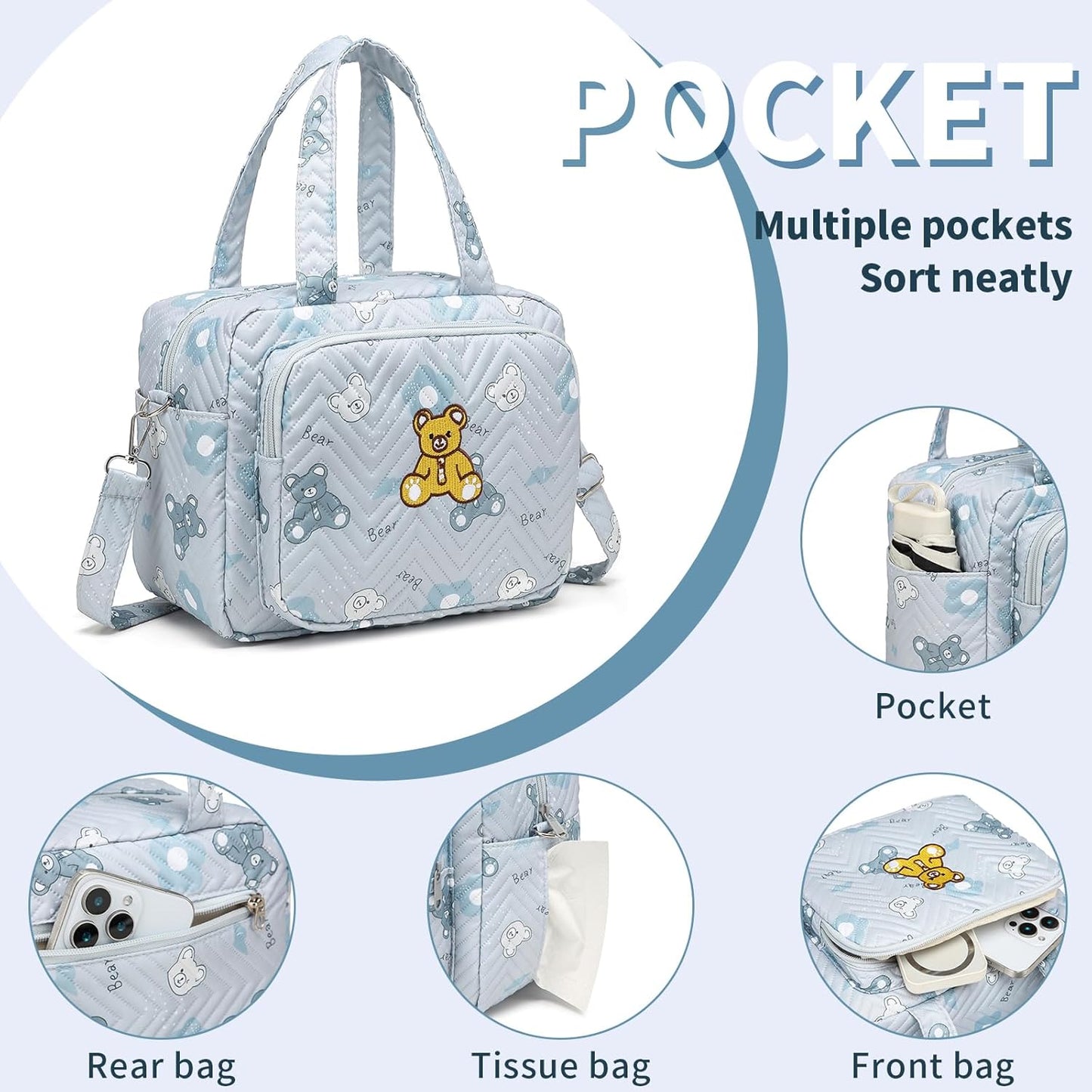 Small Diaper Bag Tote, Crossbody Diaper Bag Mini Purse with 8 Pockets, Travel Baby Bag for boys & Girls, 2 Insulated Pockets, Blue - Bear