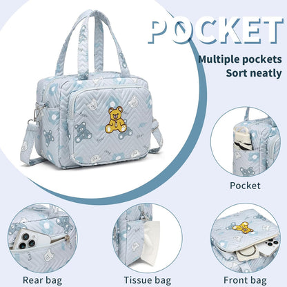 Small Diaper Bag Tote, Crossbody Diaper Bag Mini Purse with 8 Pockets, Travel Baby Bag for boys & Girls, 2 Insulated Pockets, Blue - Bear