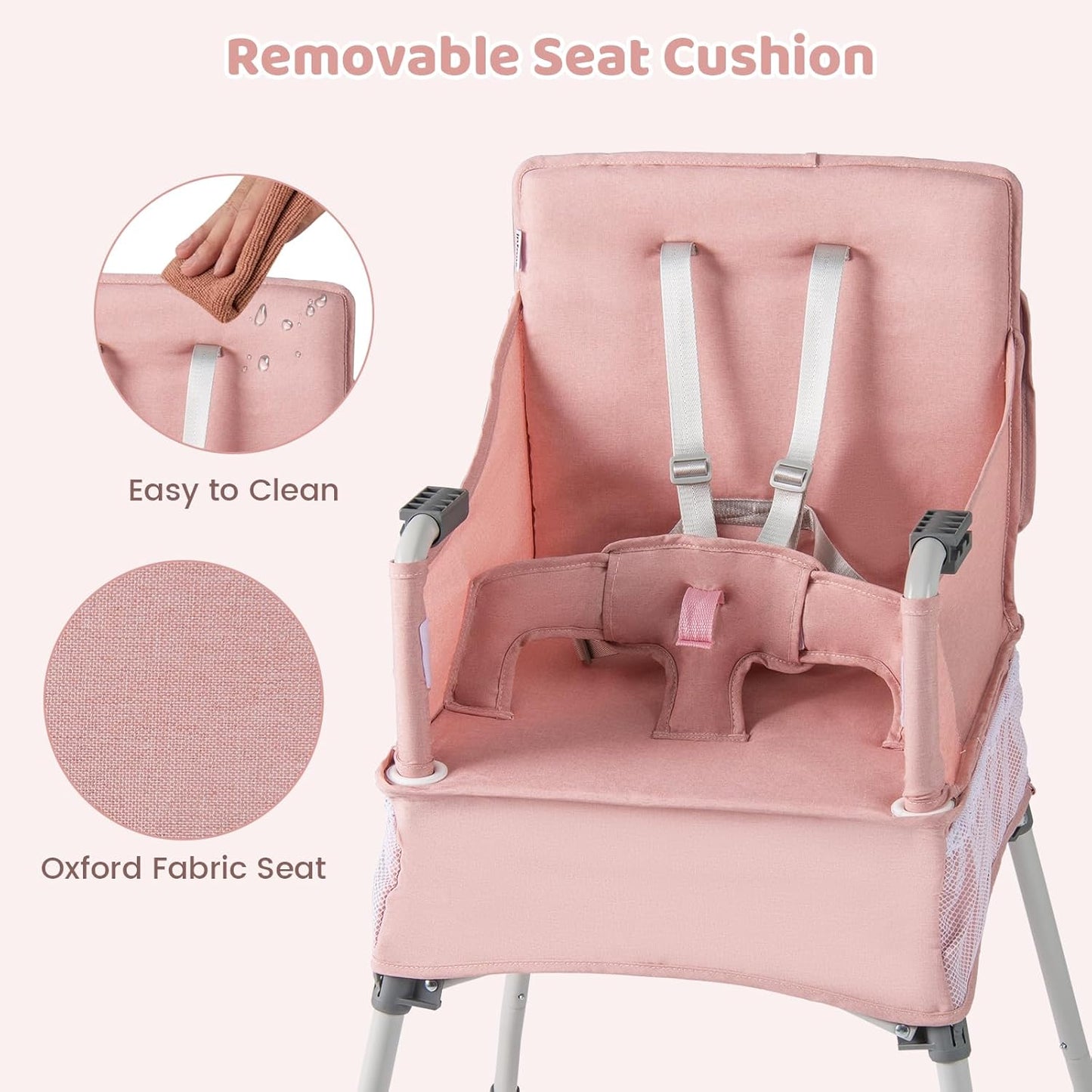 INFANS Baby High Chair, Foldable Portable Highchair for Babies and Toddlers with Travel Bag Adjustable Tray, 5 Point Harness, Compact Space Saver Infant Feeding Chair (Pink)