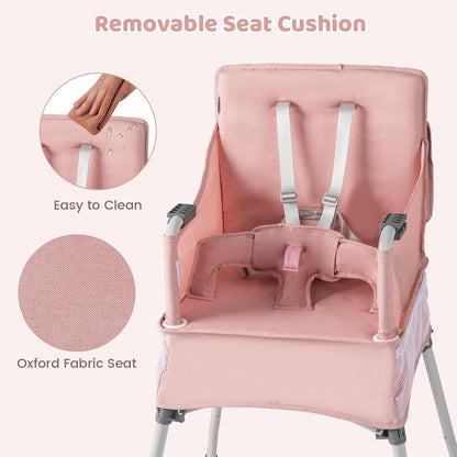 INFANS Baby High Chair, Foldable Portable Highchair for Babies and Toddlers with Travel Bag Adjustable Tray, 5 Point Harness, Compact Space Saver Infant Feeding Chair (Pink)