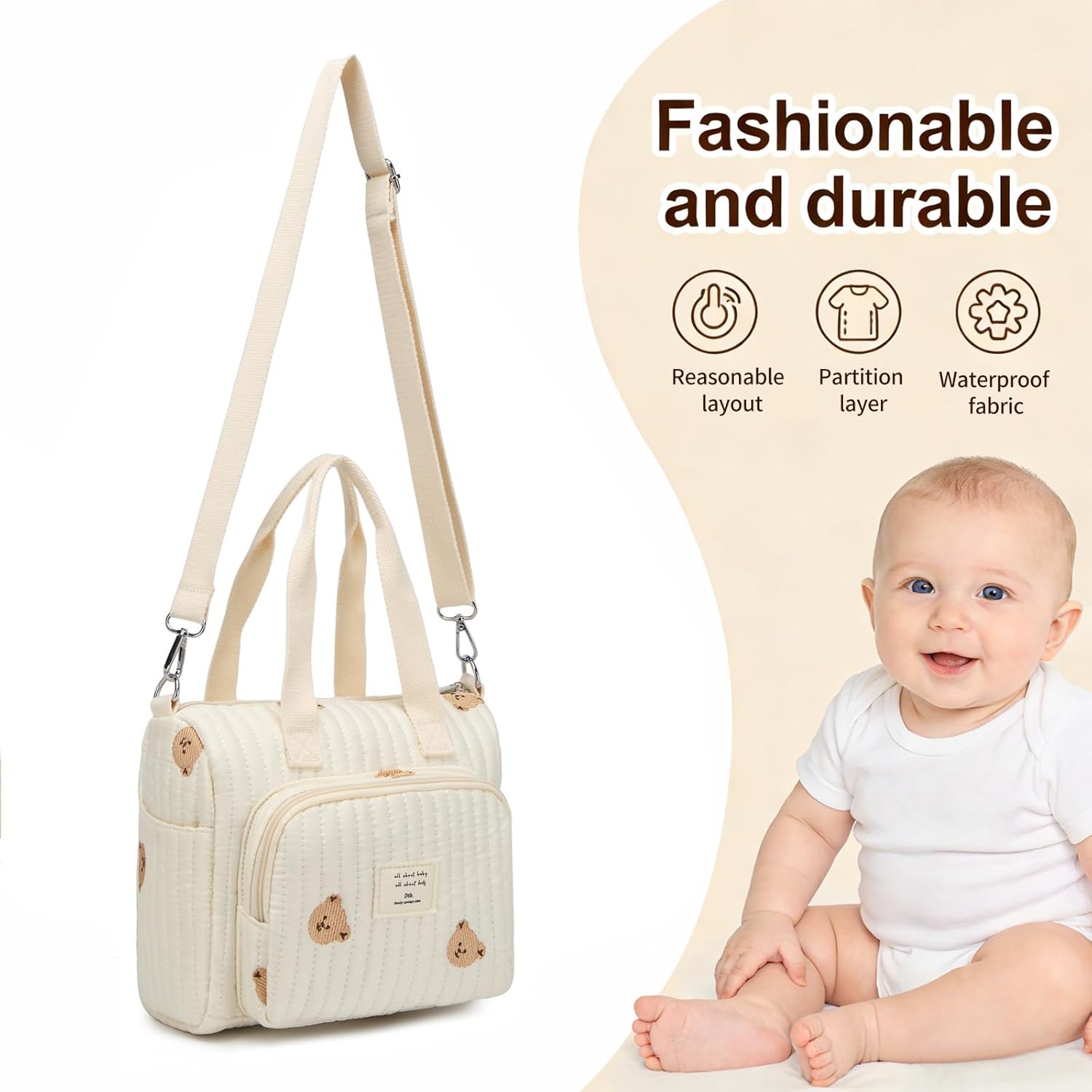 Small Diaper Bag Tote, Crossbody Diaper Bag Mini Purse with 5 Pockets, Travel Baby Bag for boys & Girls, Off White - Bear