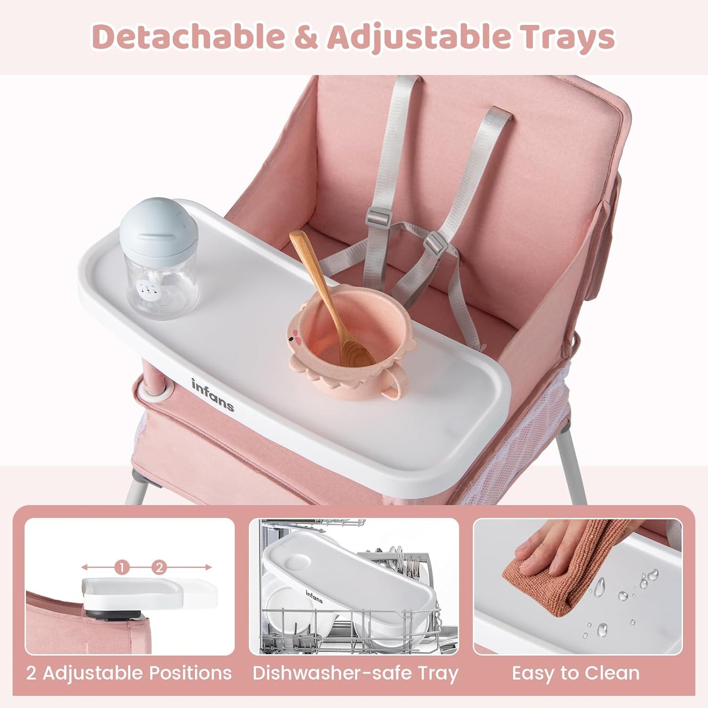 INFANS Baby High Chair, Foldable Portable Highchair for Babies and Toddlers with Travel Bag Adjustable Tray, 5 Point Harness, Compact Space Saver Infant Feeding Chair (Pink)