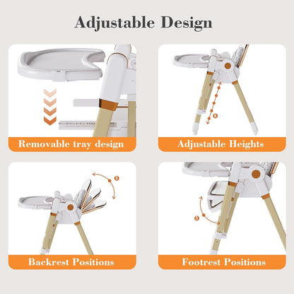 Convertible Baby High Chair to Rocker with 5-Point Harness, Foldable Infant Feeding Chair with Silent Locking Wheels & Removable 2-Tier Easy-Clean Tray (White)