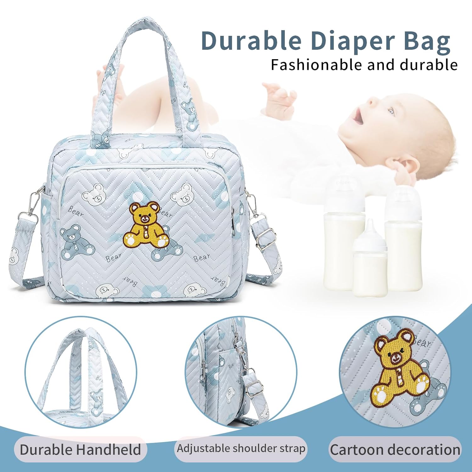 Small Diaper Bag Tote, Crossbody Diaper Bag Mini Purse with 8 Pockets, Travel Baby Bag for boys & Girls, 2 Insulated Pockets, Blue - Bear