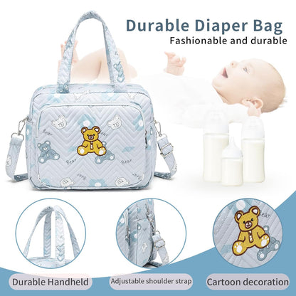 Small Diaper Bag Tote, Crossbody Diaper Bag Mini Purse with 8 Pockets, Travel Baby Bag for boys & Girls, 2 Insulated Pockets, Blue - Bear