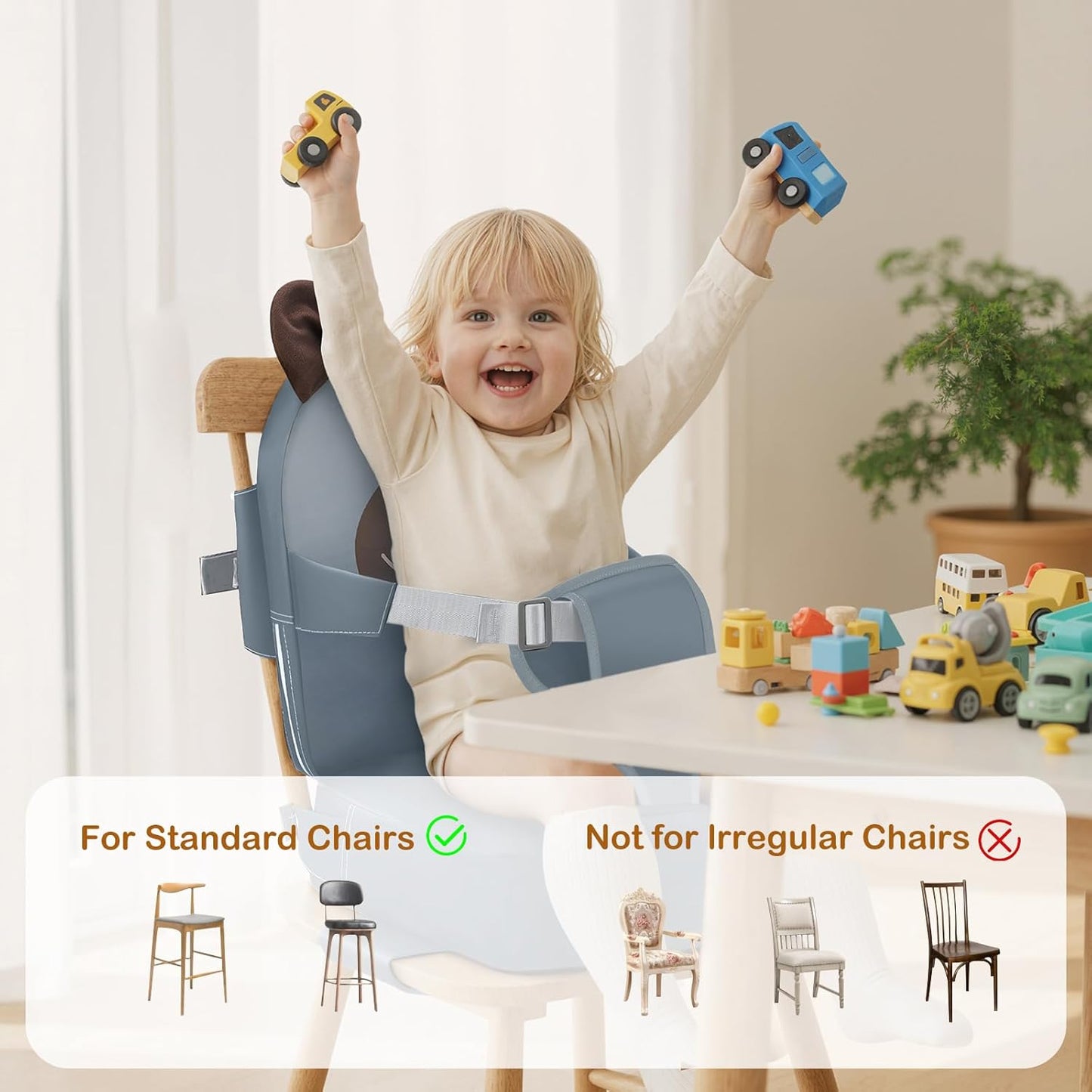 Booster Seat for Kitchen Chair, Toddler Kids Booster Seats for Dining Table with Backrest and Adjustable Strap, Portable PU Waterproof Travel Baby Boy Girl Booster Increasing Cushion (Grey, OneSize)