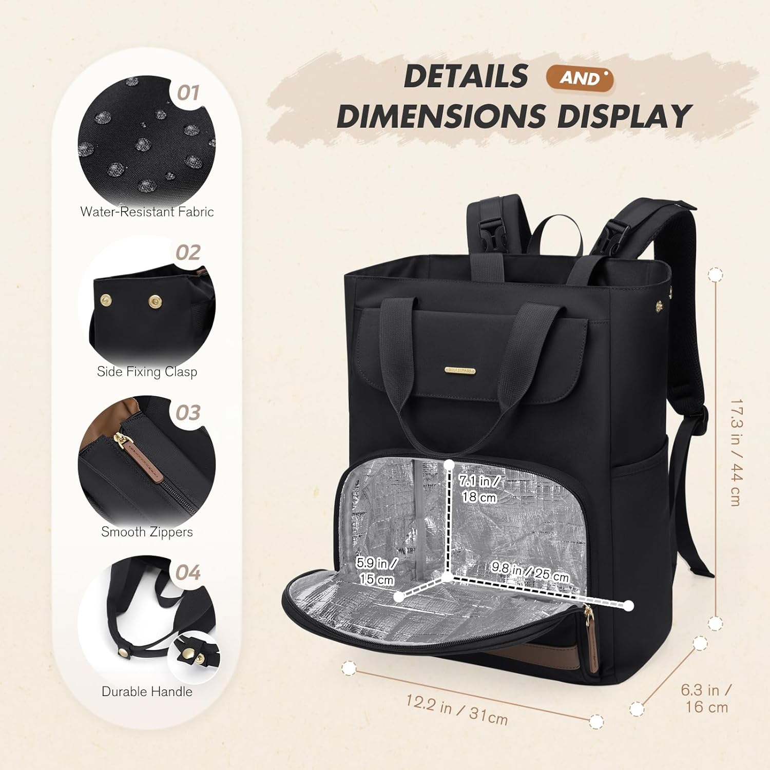 GOLF SUPAGS Diaper Bag Backpack with Portable Changing Pad 25L Baby Bag Insulated lunch box Backpack Fits 17.3" Laptop (Black)