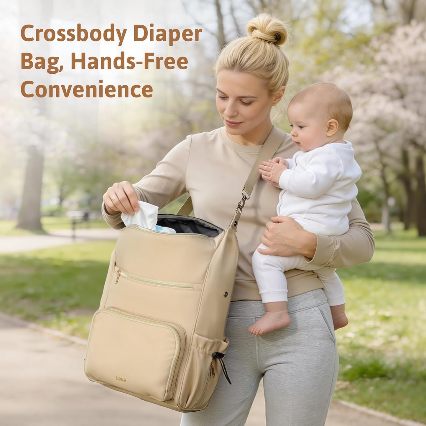 Lekesky Large Diaper Backpack with 16 Pockets, 1.52Lb Lightweight Durable Baby Bag, with Foldable Changing Pad & Pacifier Case, Anti-theft Pocket, Wipes Pocket, Easy to Clean, Khaki