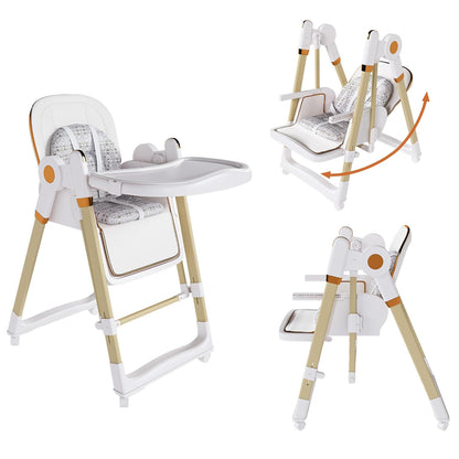 Convertible Baby High Chair to Rocker with 5-Point Harness, Foldable Infant Feeding Chair with Silent Locking Wheels & Removable 2-Tier Easy-Clean Tray (White)