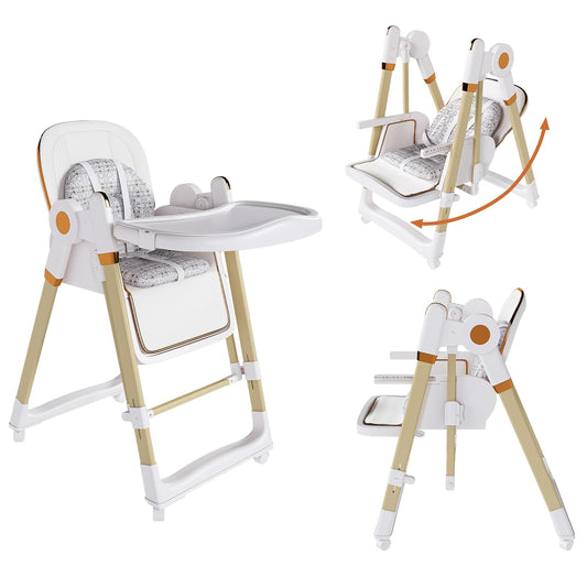 Convertible Baby High Chair to Rocker with 5-Point Harness, Foldable Infant Feeding Chair with Silent Locking Wheels & Removable 2-Tier Easy-Clean Tray (White)