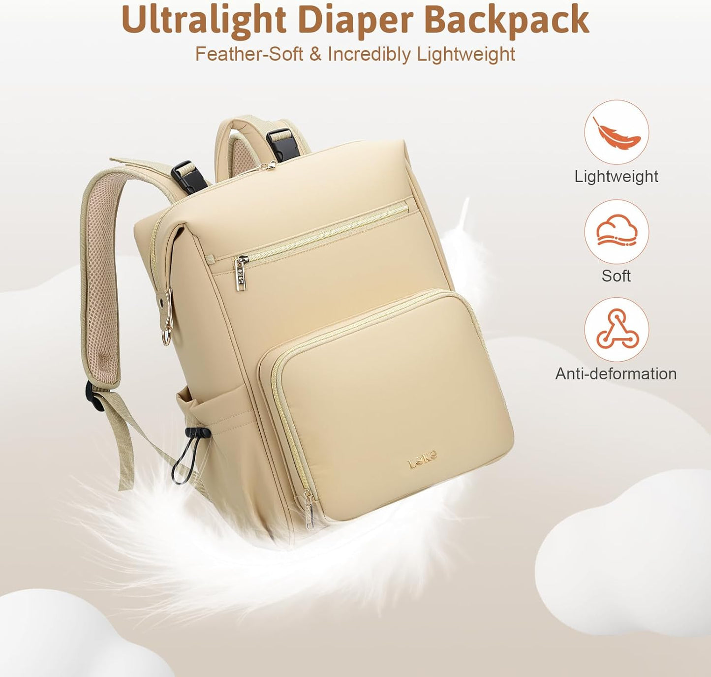 Lekesky Large Diaper Backpack with 16 Pockets, 1.52Lb Lightweight Durable Baby Bag, with Foldable Changing Pad & Pacifier Case, Anti-theft Pocket, Wipes Pocket, Easy to Clean, Khaki