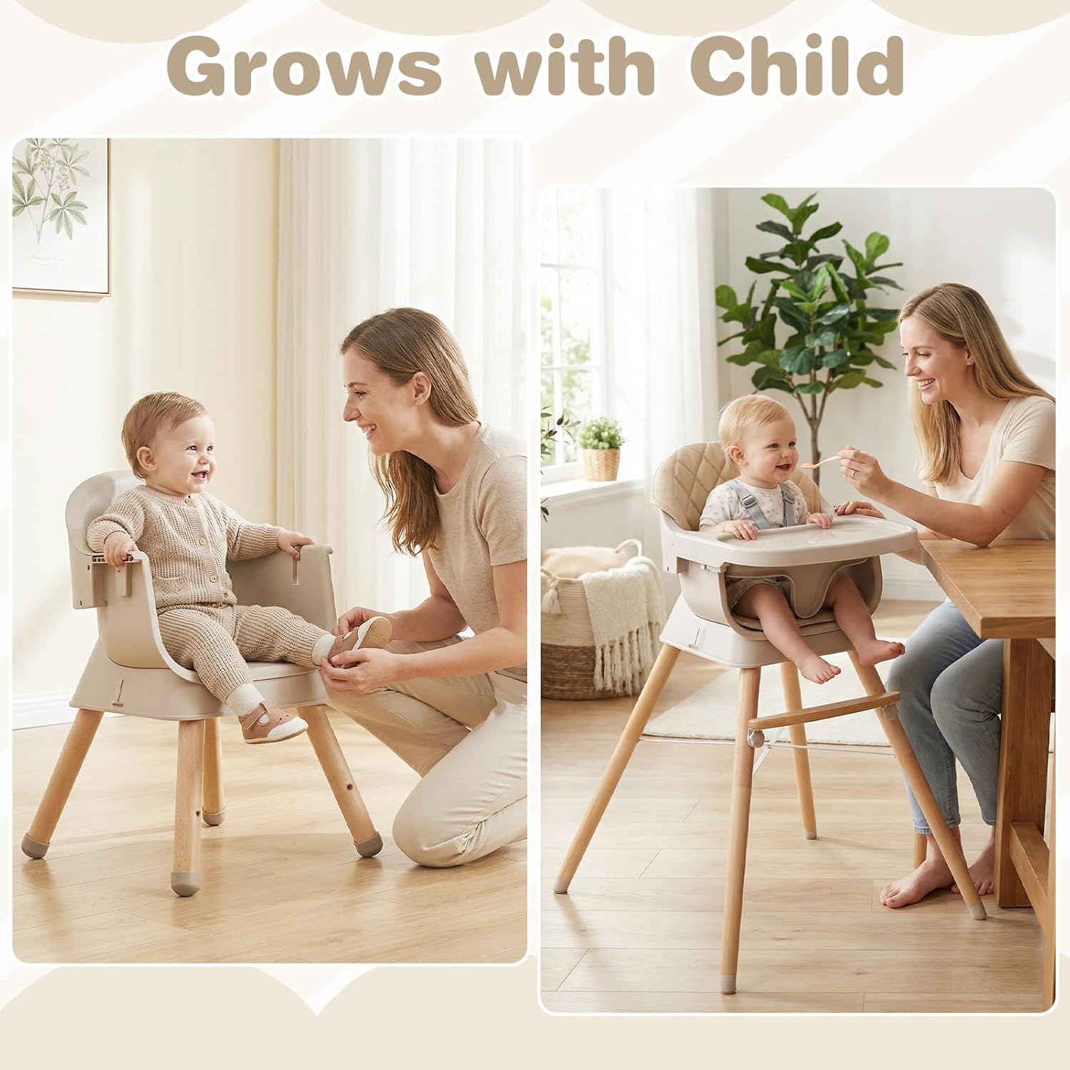 INFANS Baby High Chair, 6 in 1 Wooden Convertible Highchair for Babies and Toddlers, Infant Dining Booster Seat Kids Stool with Adjustable Removable Tray (Beige)