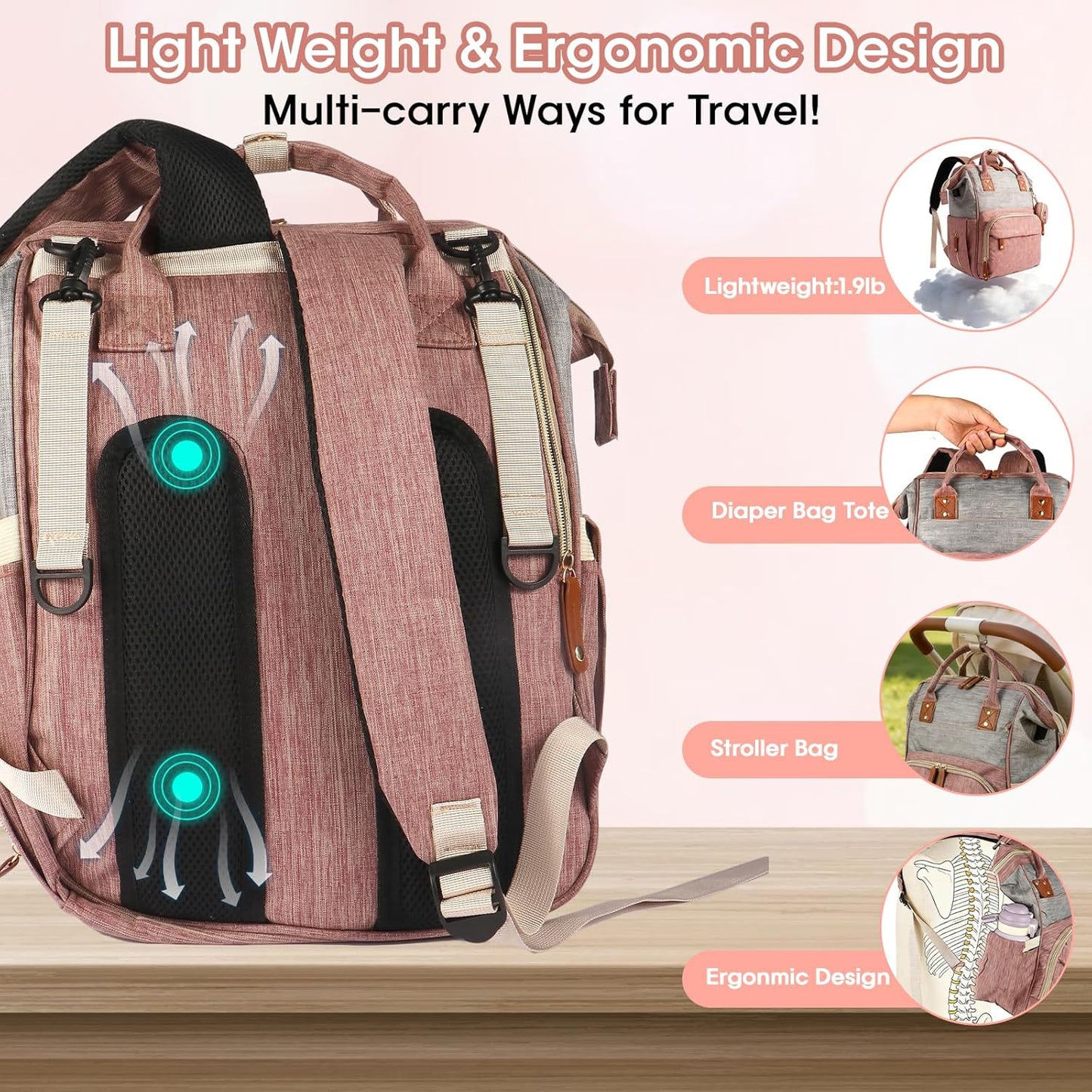 MosaiRudo Diaper Bag Backpack Baby Bag,Waterproof, Travel Diaper Bags with Pacifier Case for Baby Girl Boy Backpack for Women (Pink-Gray)
